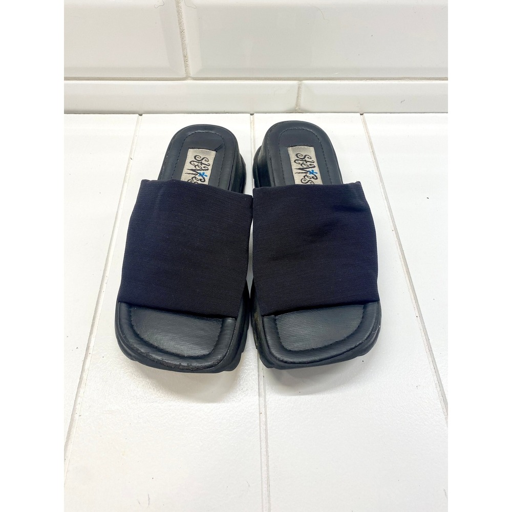 Vintage 90s Stevies Platform Sandals, Y2K Black Stretch Slides, Youth Size 1-1.5 - Picture 2 of 8